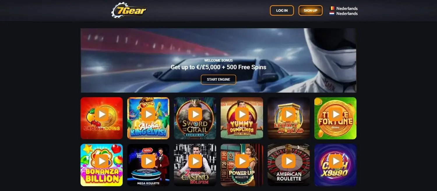 7Gear Casino homepage showing the welcome bonus and game lobby