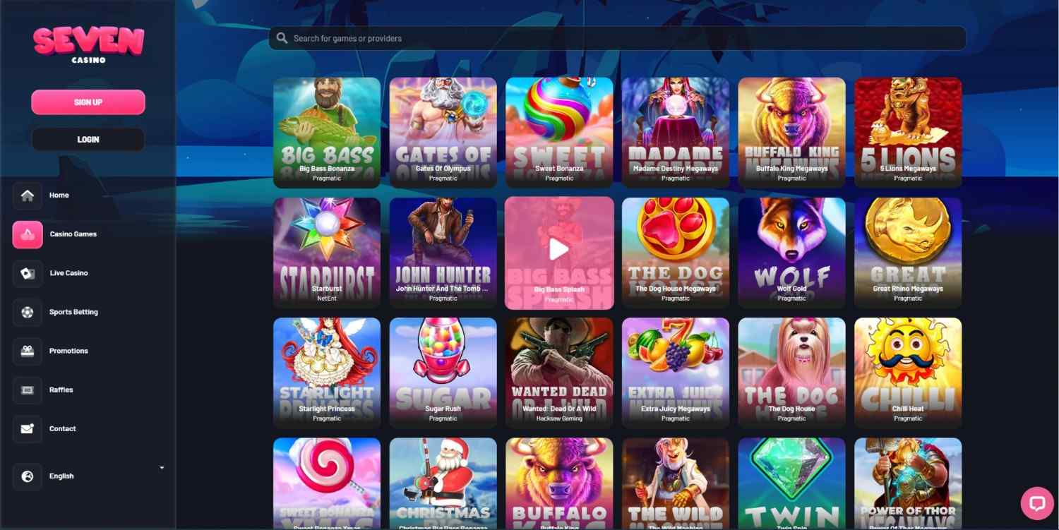 Seven Casino Homepage Seven Casino homepage lobby showing slots and left navigation
