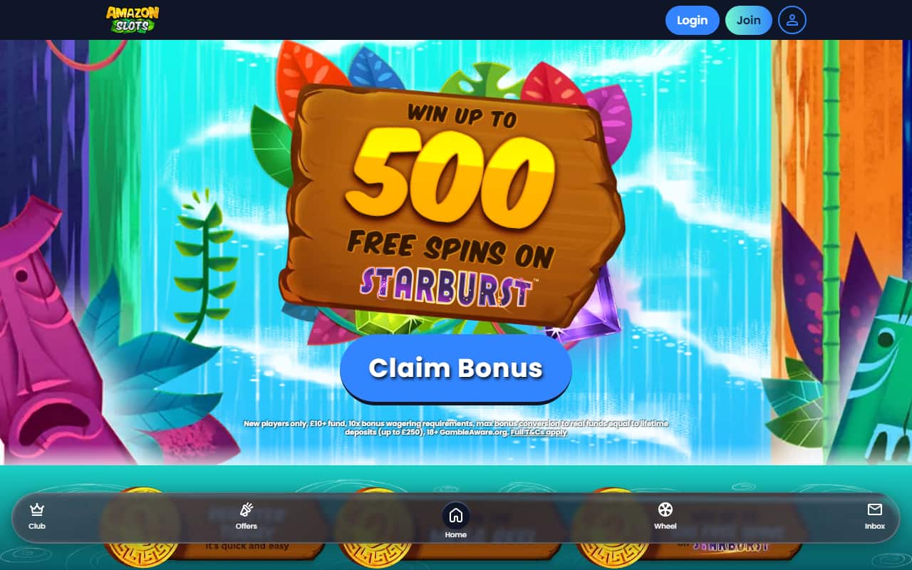 Amazon Slots homepage showing the current welcome offer