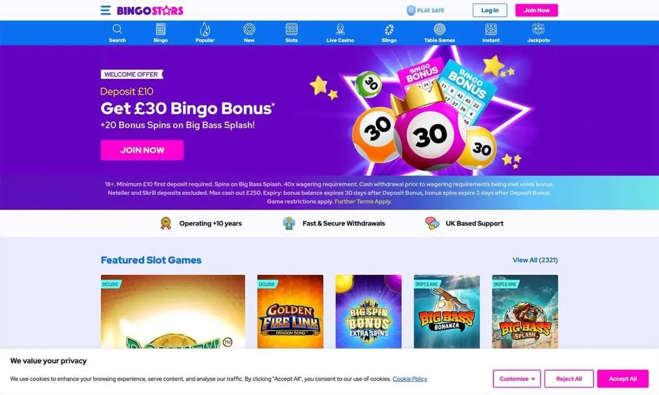 BingoStars Homepage BingoStars homepage screenshot