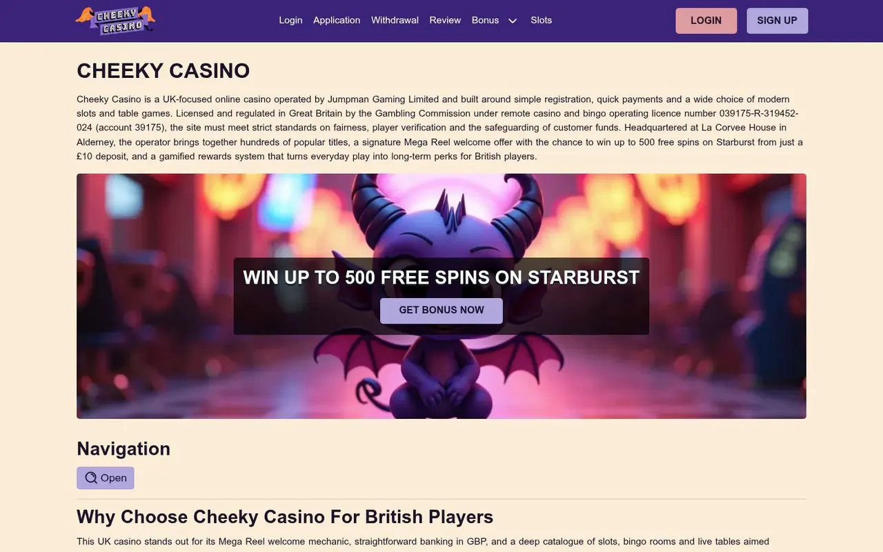 Cheeky Casino homepage screenshot