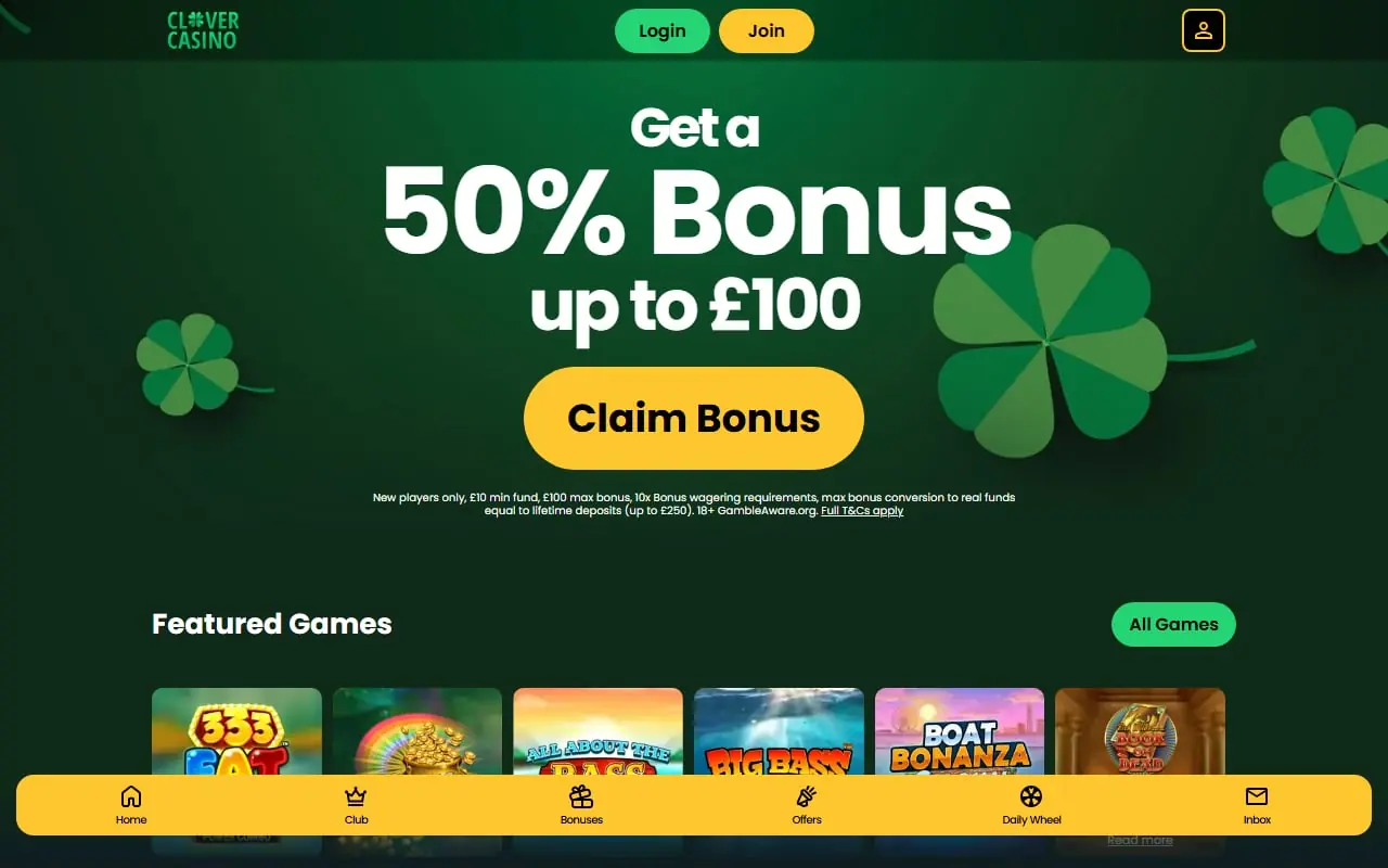 Clover Casino homepage screenshot