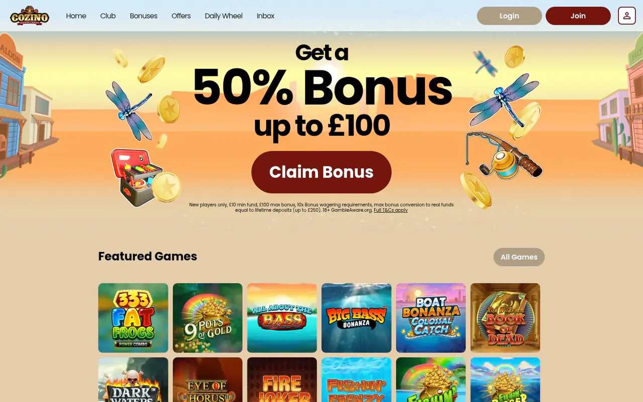 Cozino Casino homepage screenshot