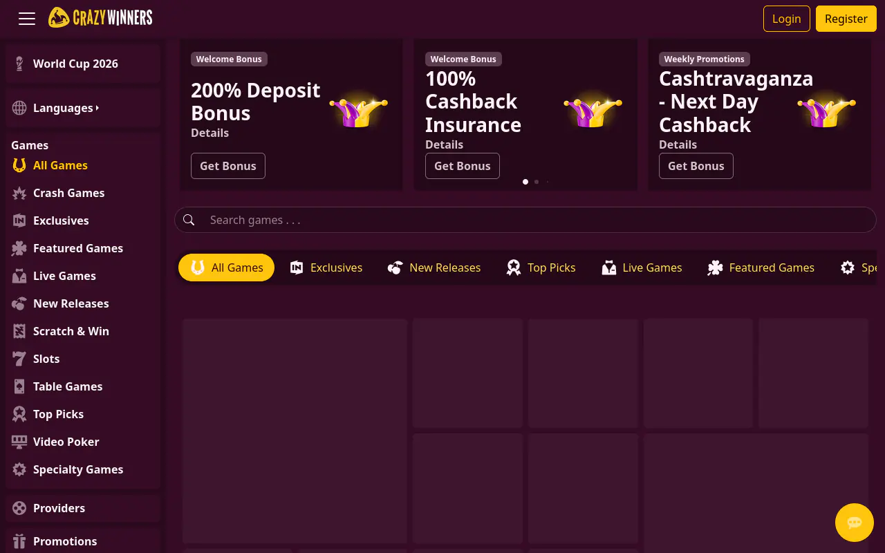 CrazyWinners Casino homepage screenshot