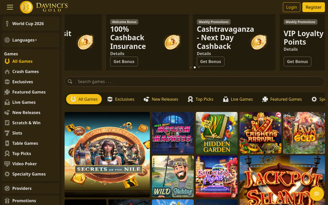 DaVinci's Gold Casino homepage screenshot