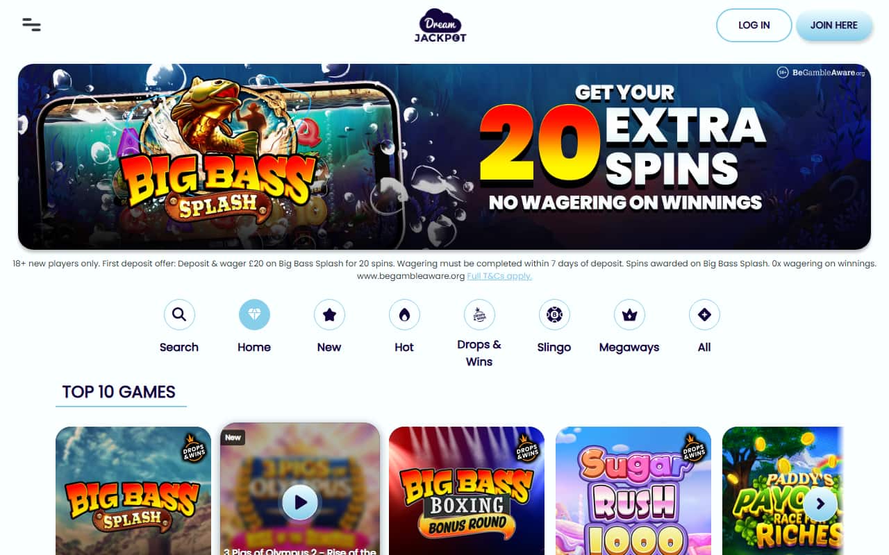 Dream Jackpot Homepage July 2026 Dream Jackpot homepage showing the current welcome spins offer