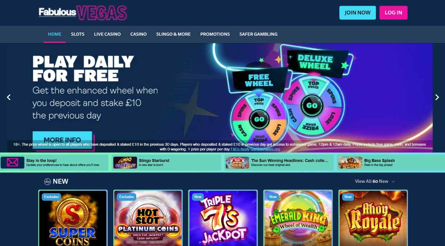 Fabulous Vegas homepage showing daily free prize wheel and slots