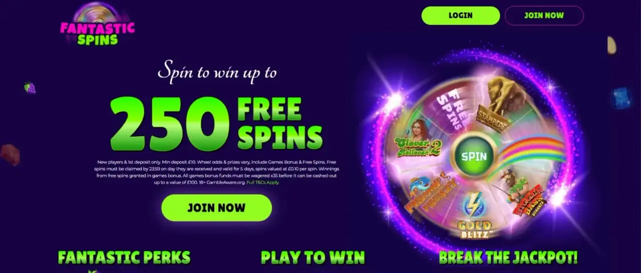 Fantastic Spins Homepage Fantastic Spins homepage screenshot