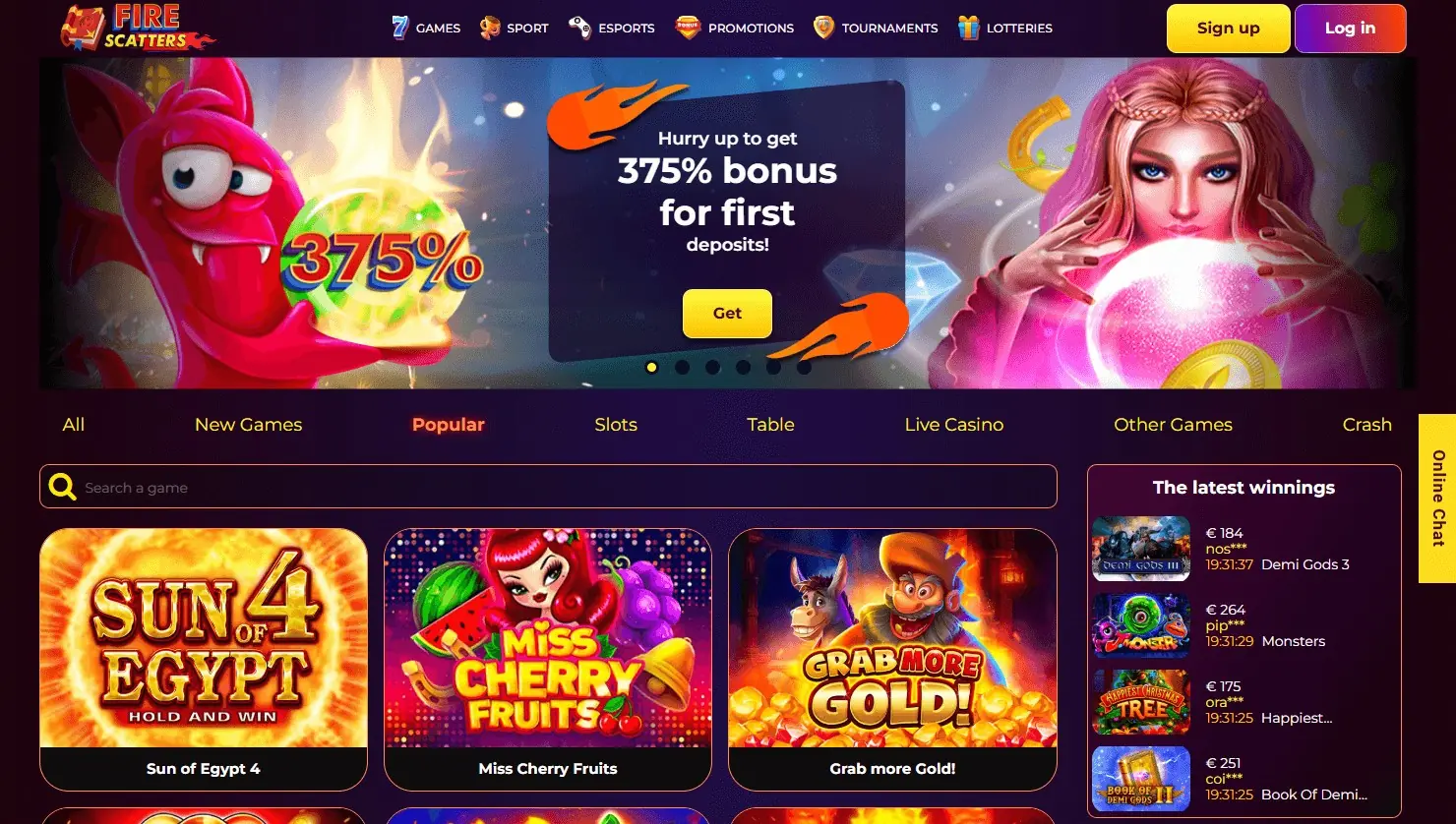 Fire Scatters casino homepage screenshot