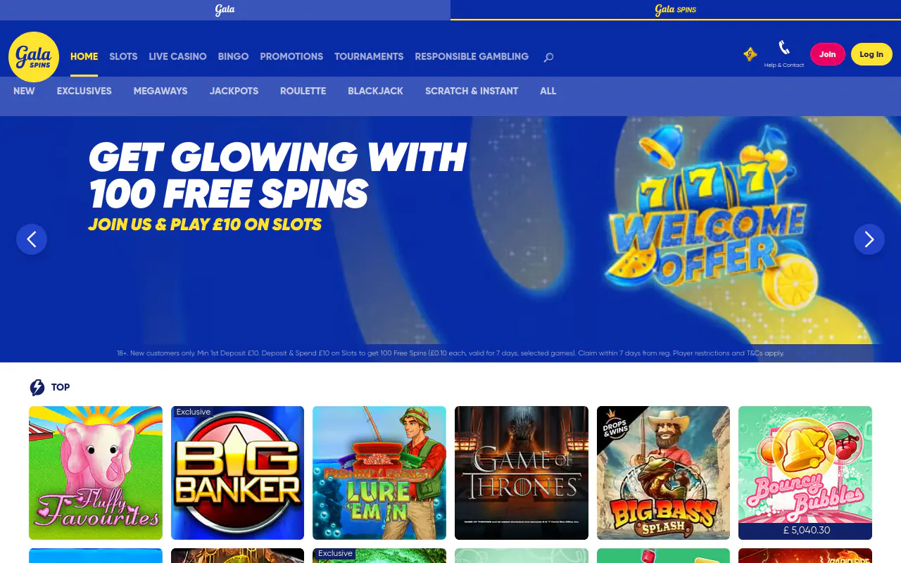 Gala Spins homepage screenshot