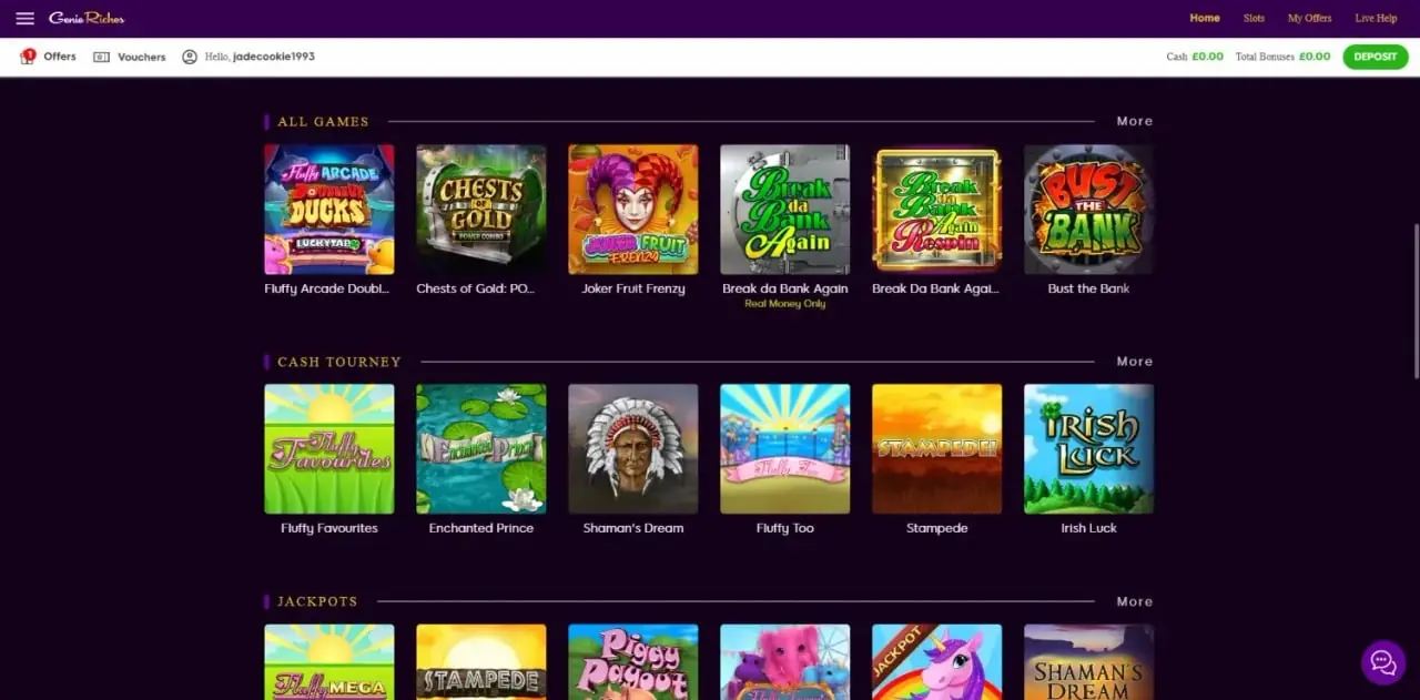 Genie Riches Homepage Genie Riches homepage screenshot