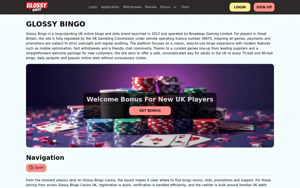 Glossy Bingo homepage screenshot