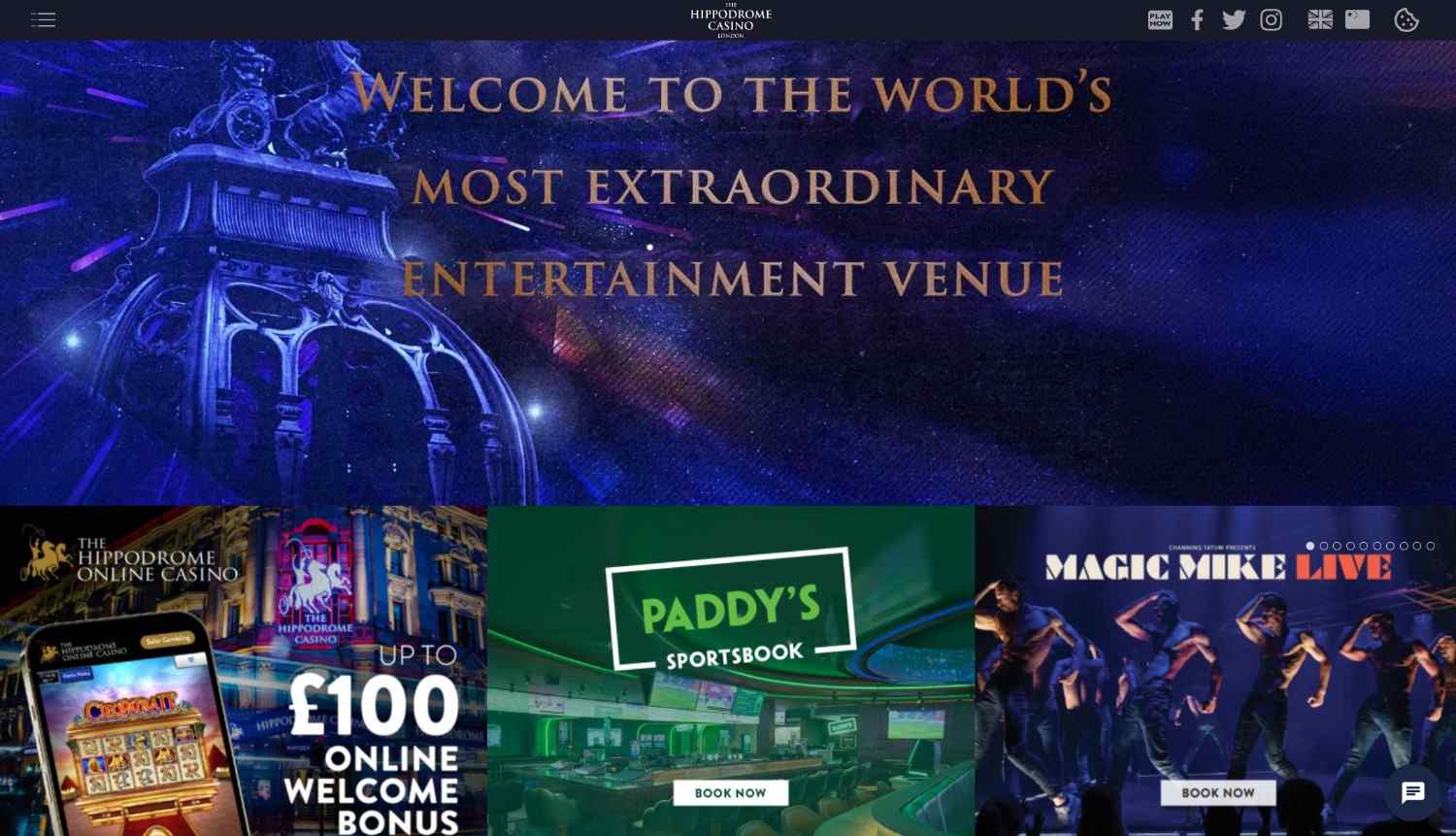 The Hippodrome Casino homepage promoting the online casino 100 pound welcome bonus