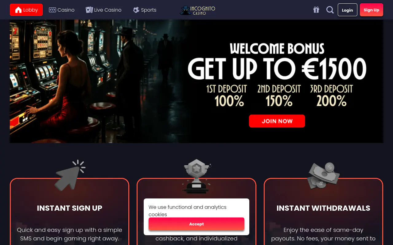 Incognito Casino homepage screenshot