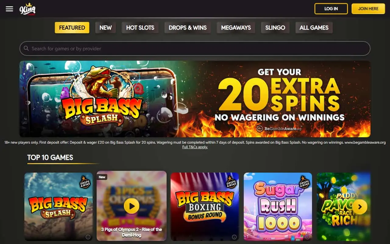 King Casino Homepage July 2026 King Casino homepage showing the current welcome spins offer