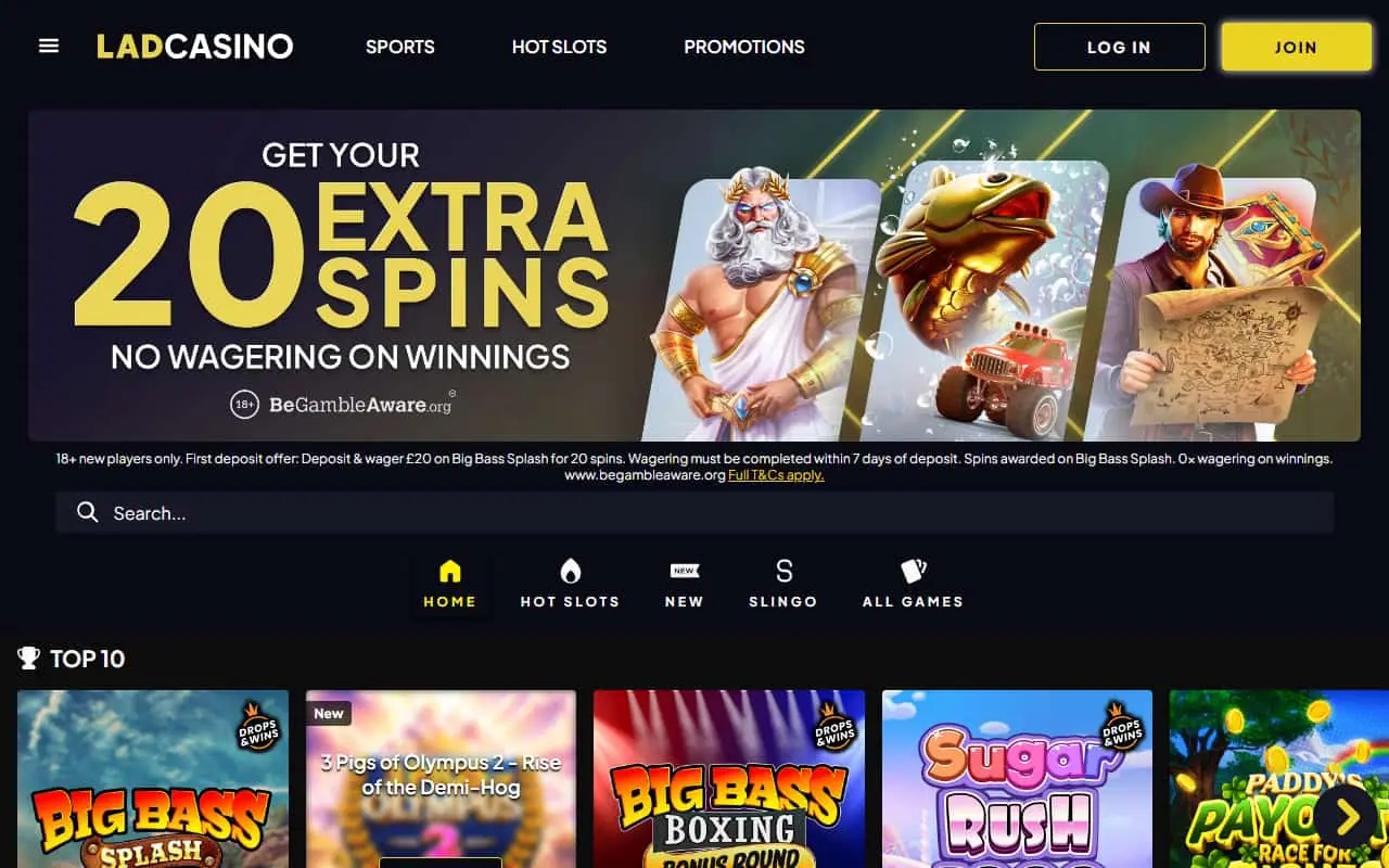 Lad Casino Homepage July 2026 Lad Casino homepage showing the current welcome spins offer