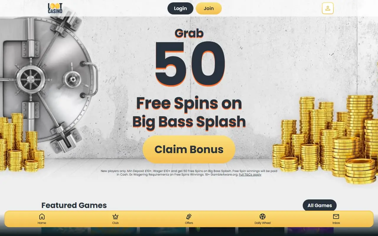 Loot Casino Homepage July 2026 Loot Casino homepage showing the current welcome offer