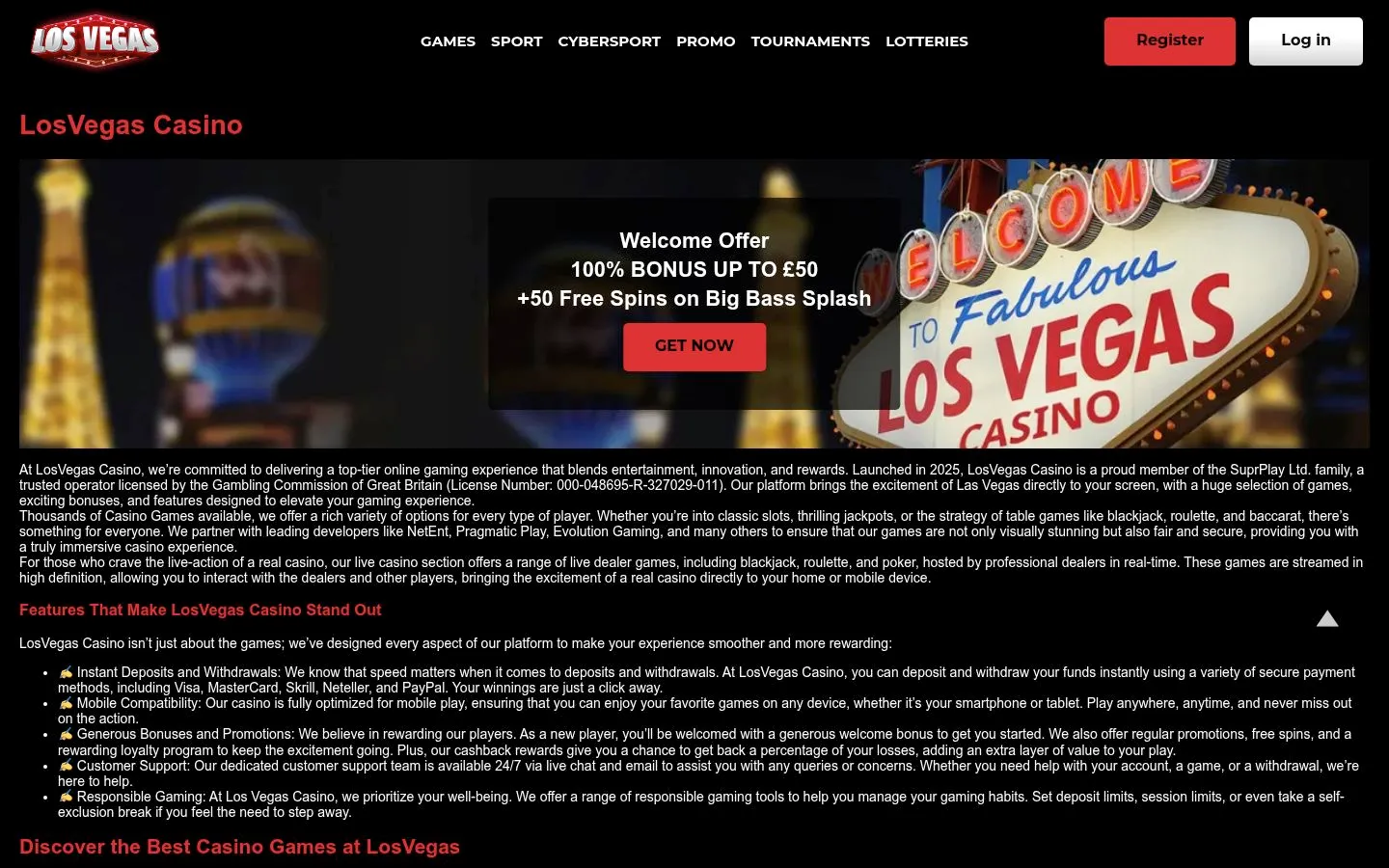 Los Vegas homepage screenshot
