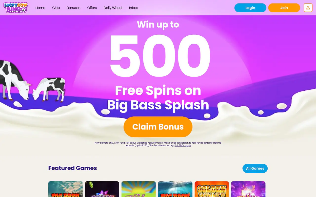 Lucky Cow Bingo homepage screenshot