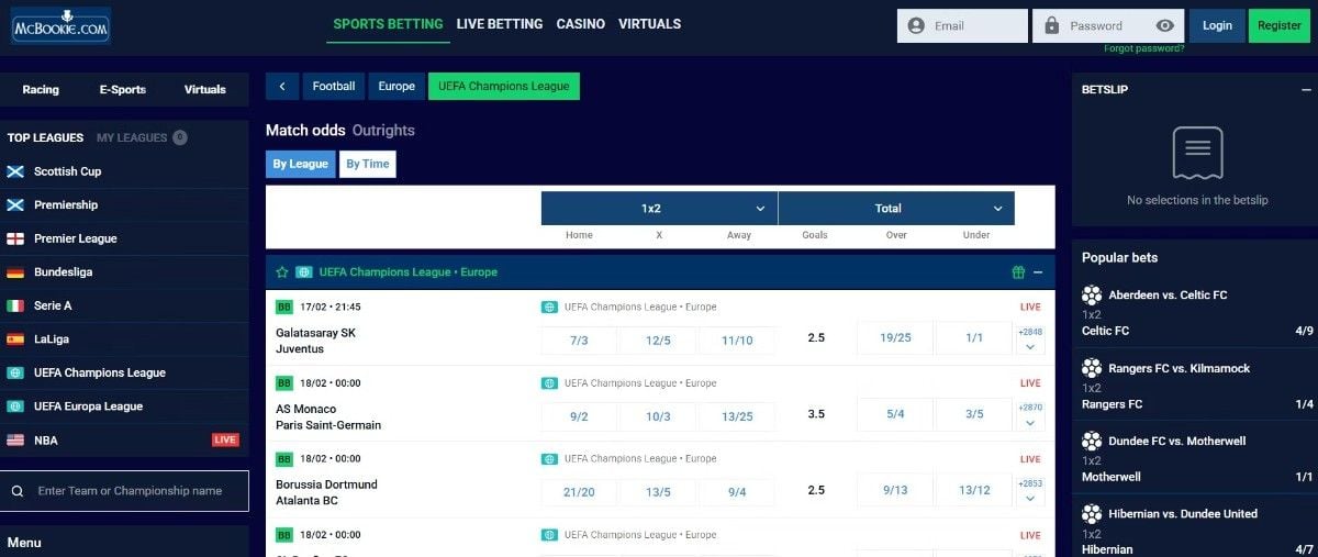 McBookie homepage sportsbook lobby