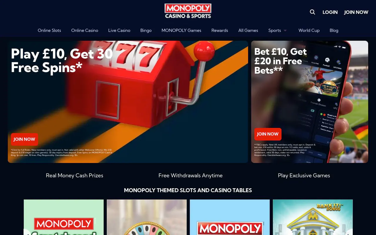 Monopoly Casino homepage screenshot