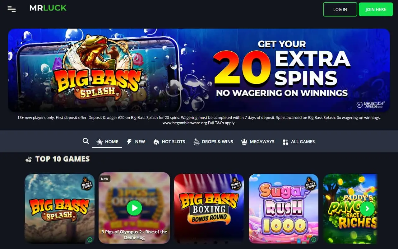 Mr Luck Homepage July 2026 Mr Luck homepage showing the current welcome spins offer