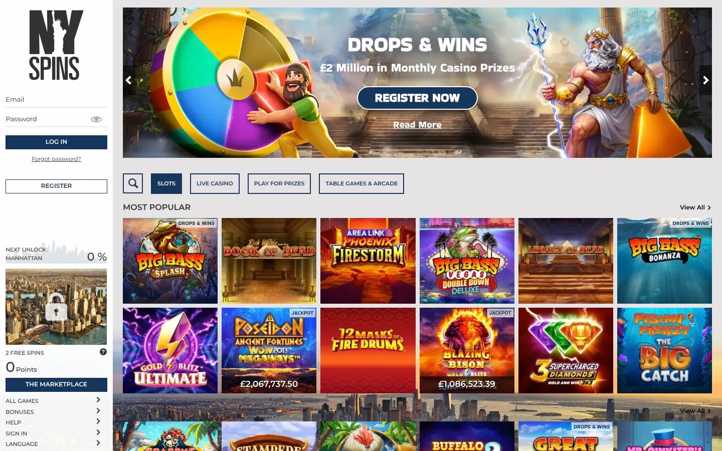 NYspins homepage screenshot