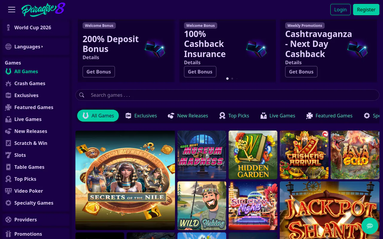 Paradise 8 Casino homepage screenshot