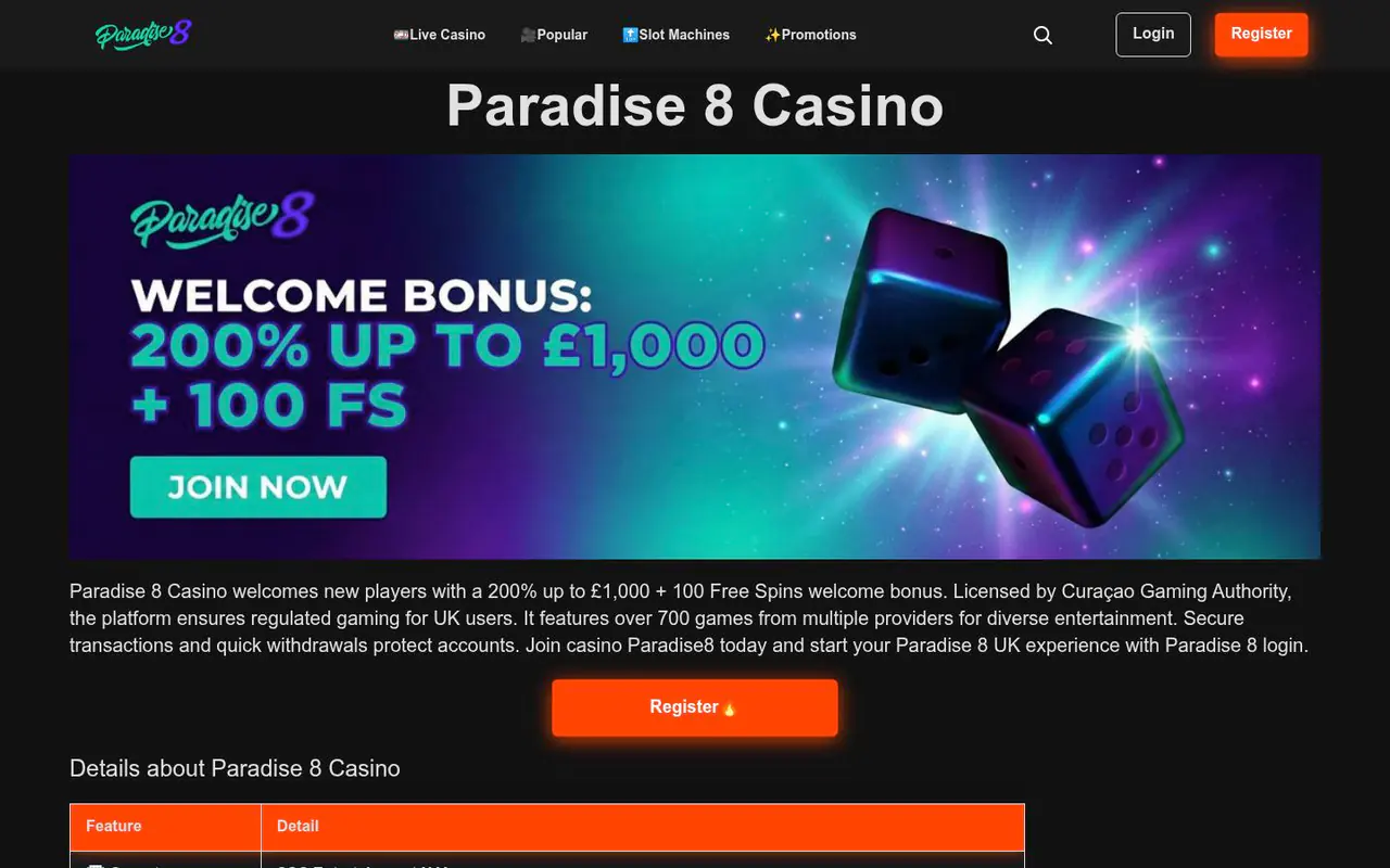 Paradise 8 homepage screenshot