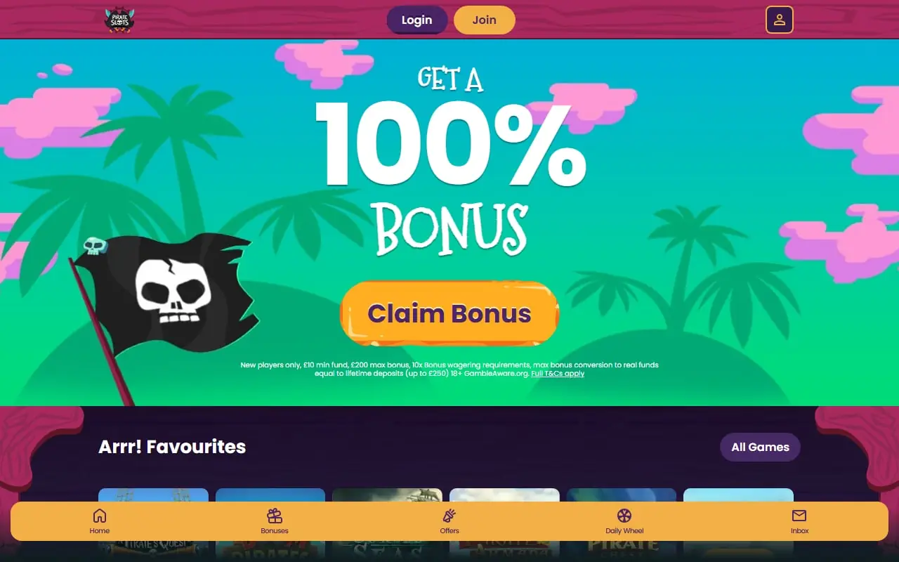 Pirate Slots Homepage July 2026 Pirate Slots homepage showing the current welcome offer