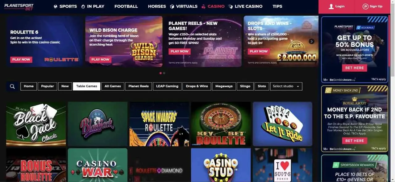 Planet Sport Bet Homepage Planet Sport Bet homepage screenshot