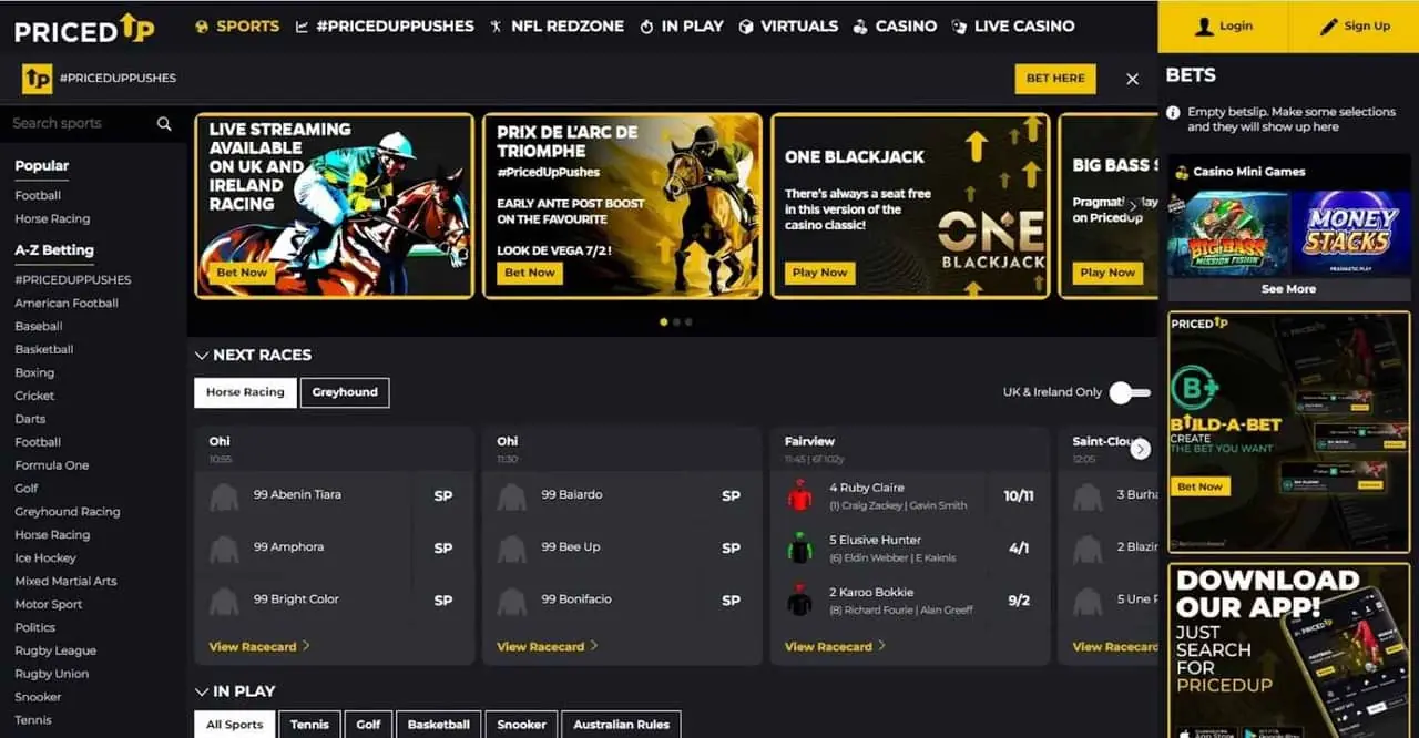PricedUp Bet Homepage PricedUp Bet homepage screenshot