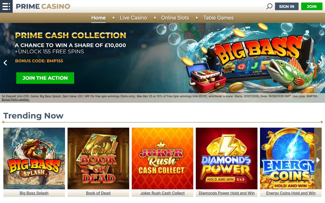 Prime Casino Homepage Prime Casino homepage screenshot