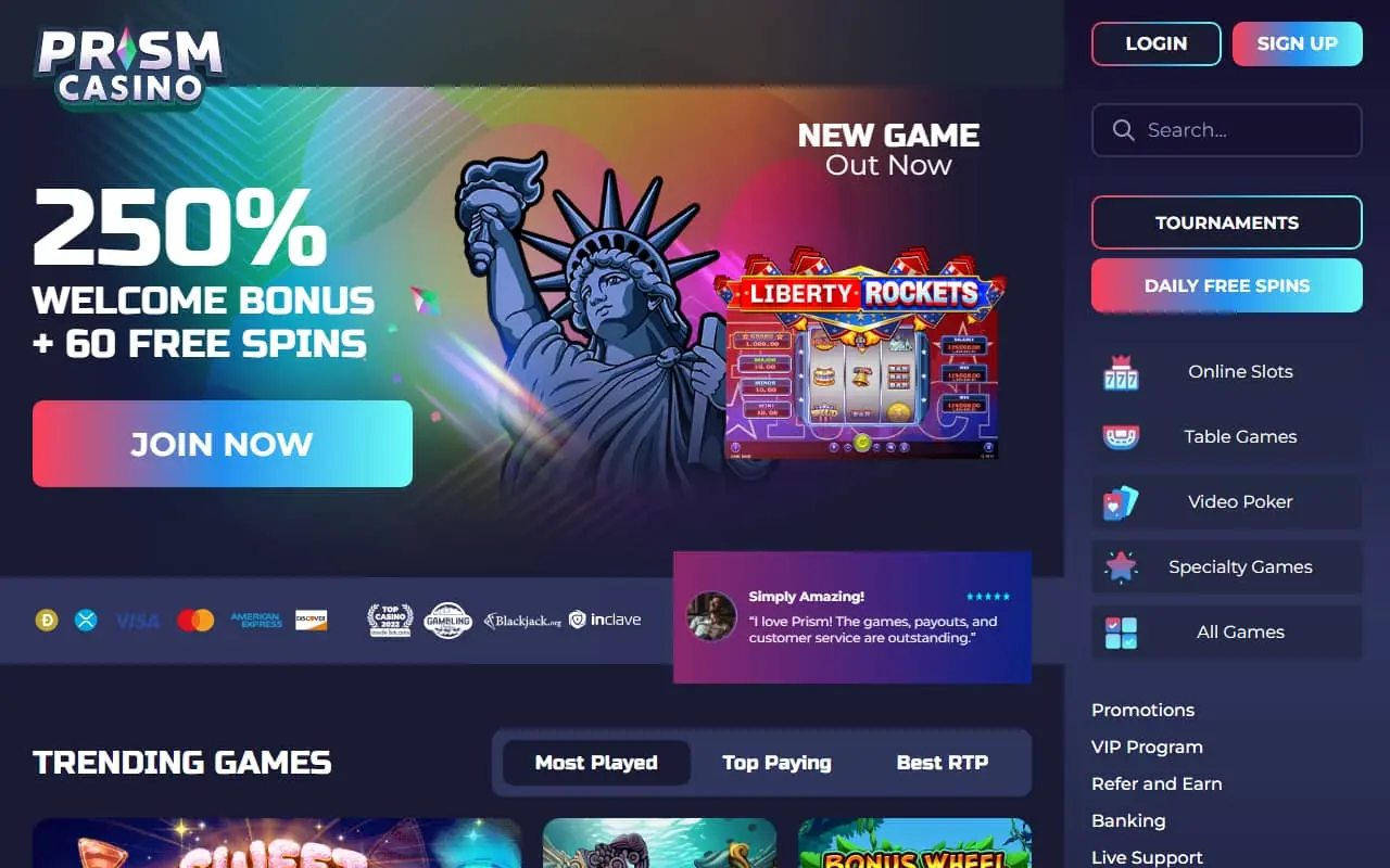 Prism Casino Homepage Prism Casino homepage screenshot
