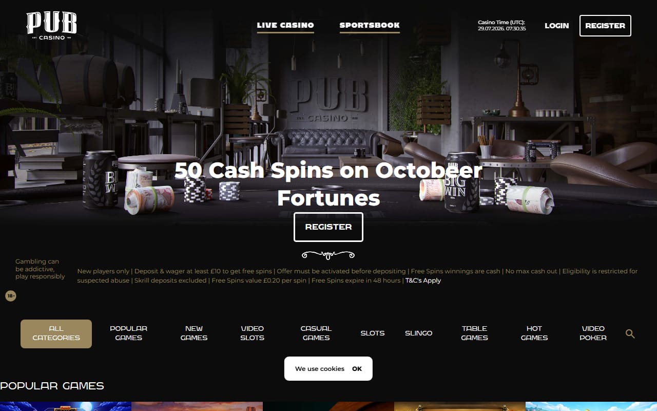 Pub Casino homepage showing the 50 Cash Spins welcome offer