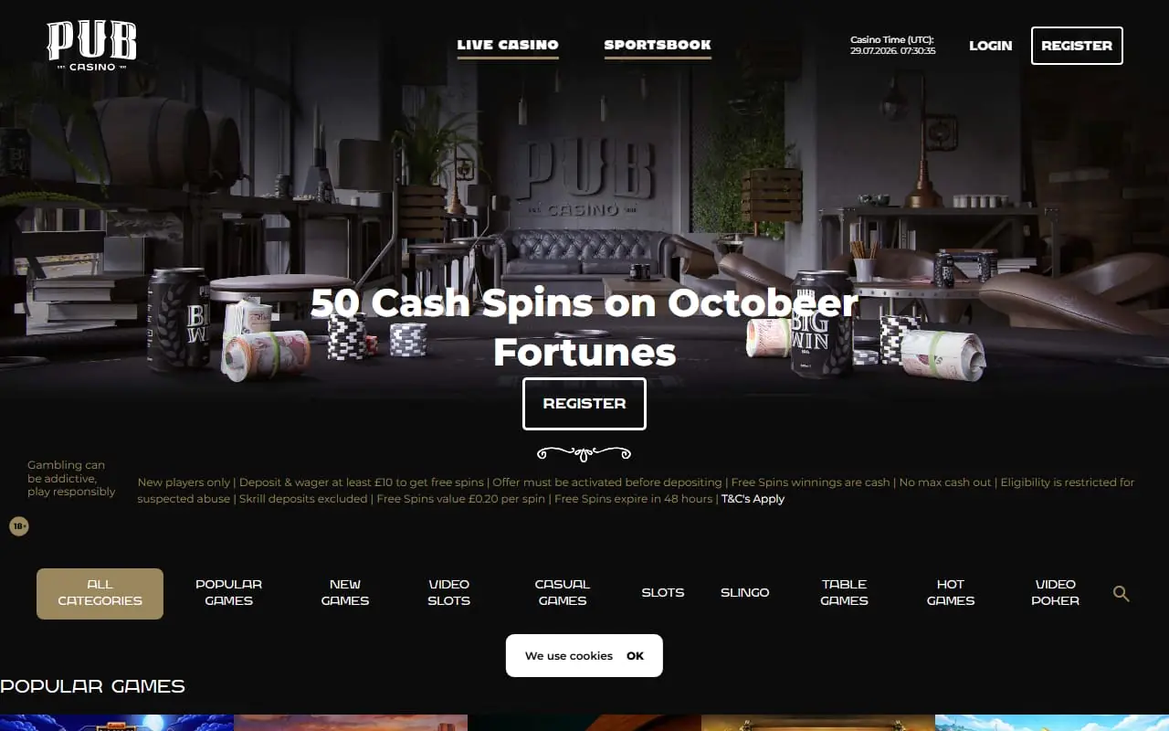 Pub Casino homepage showing the 50 Cash Spins welcome offer