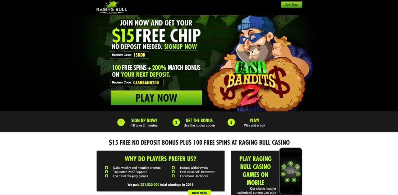 Raging Bull Slots Homepage Raging Bull Slots homepage screenshot