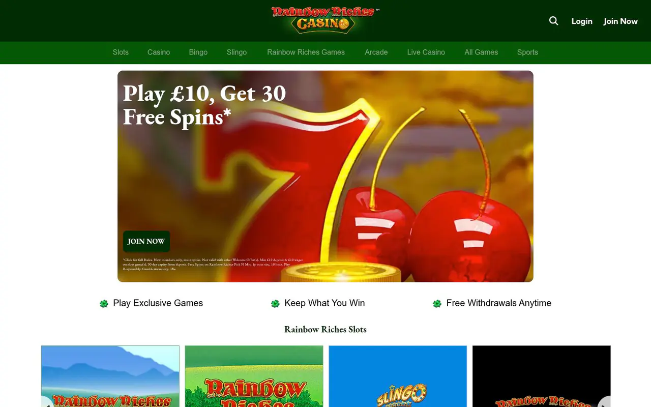 Rainbow Riches Casino homepage screenshot