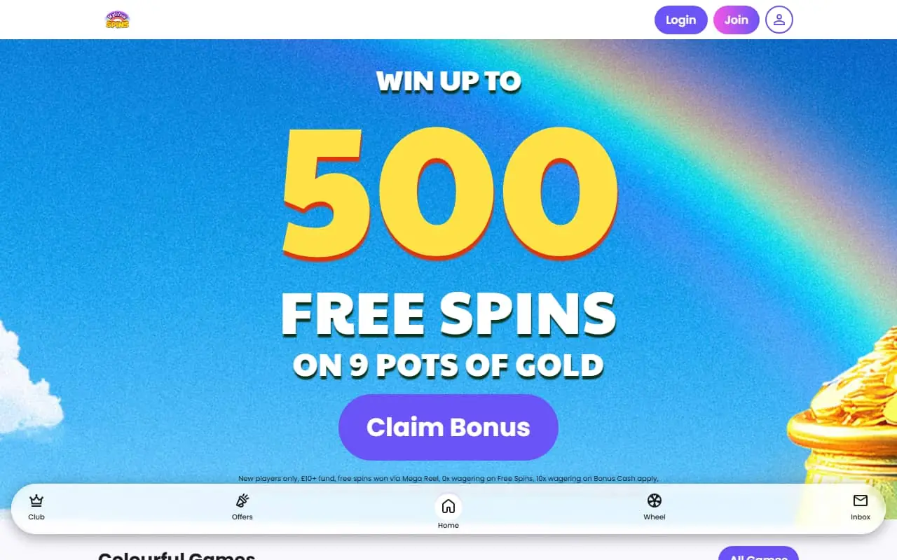 Rainbow Spins Homepage July 2026 Rainbow Spins homepage showing the current welcome offer