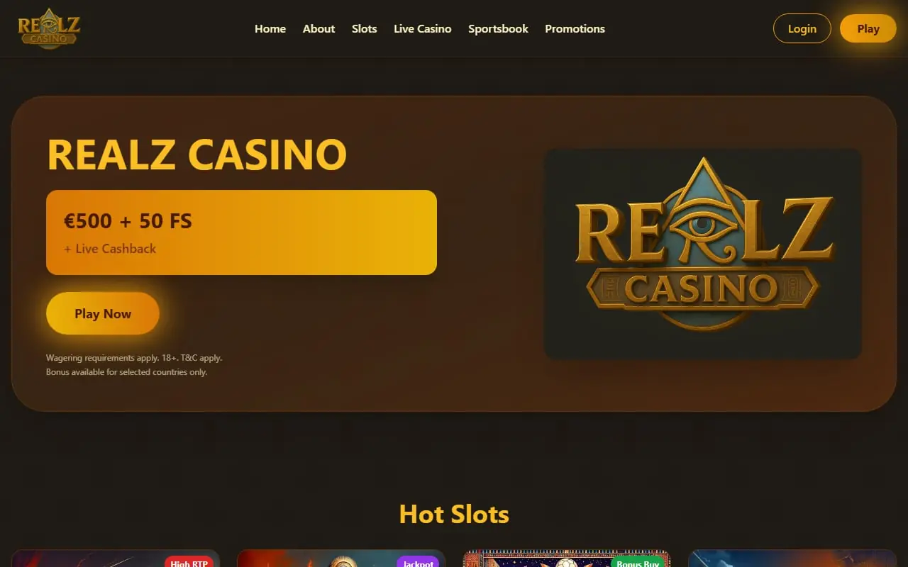 Realz Casino homepage screenshot
