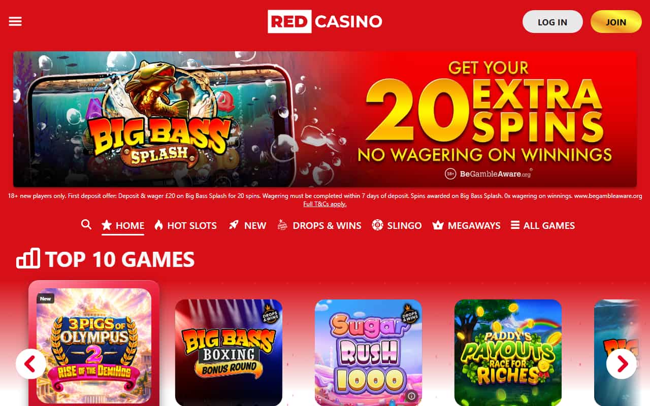 Red Casino Homepage July 2026 Red Casino homepage showing the current welcome spins offer