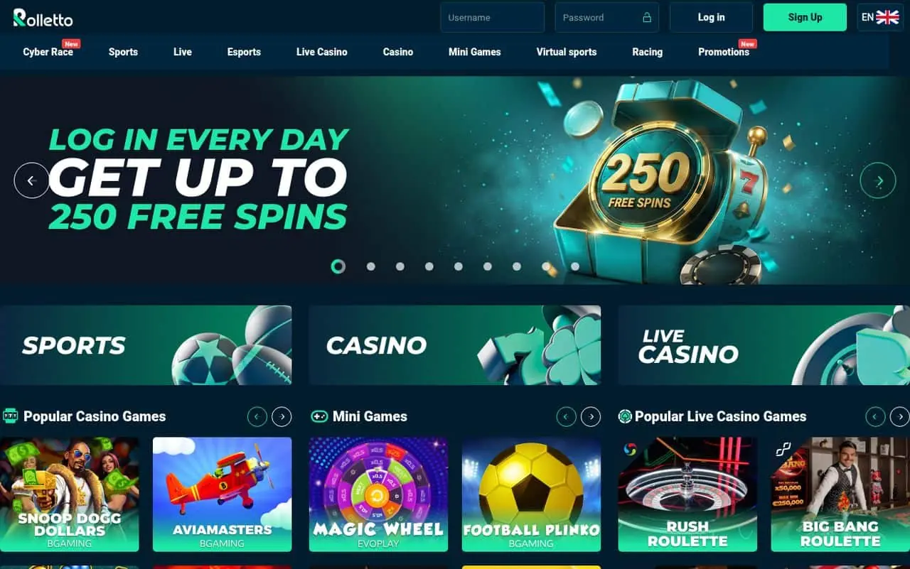 Rolletto Casino Homepage 2026-07 Rolletto Casino homepage screenshot