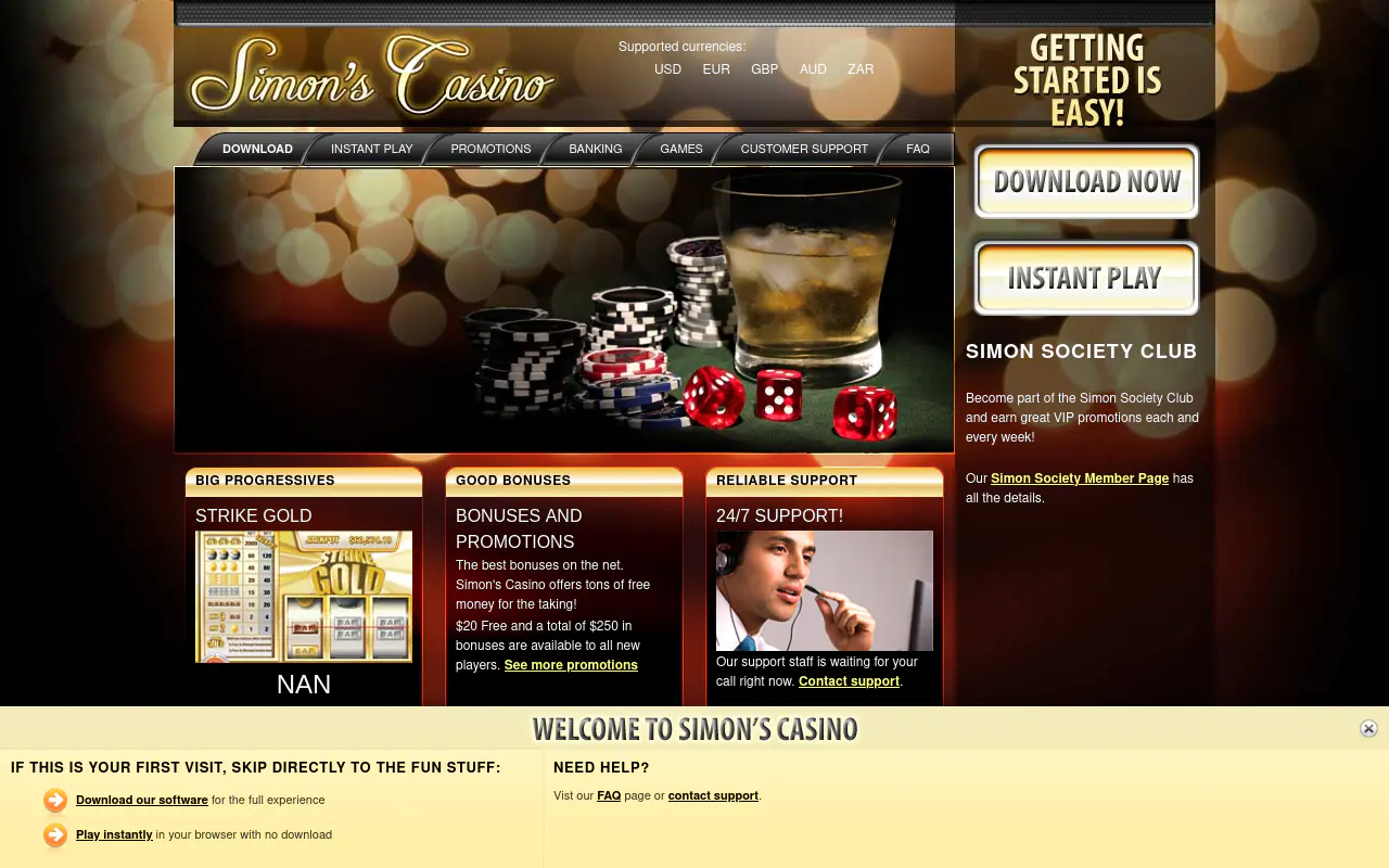 Simon Says Casino homepage screenshot