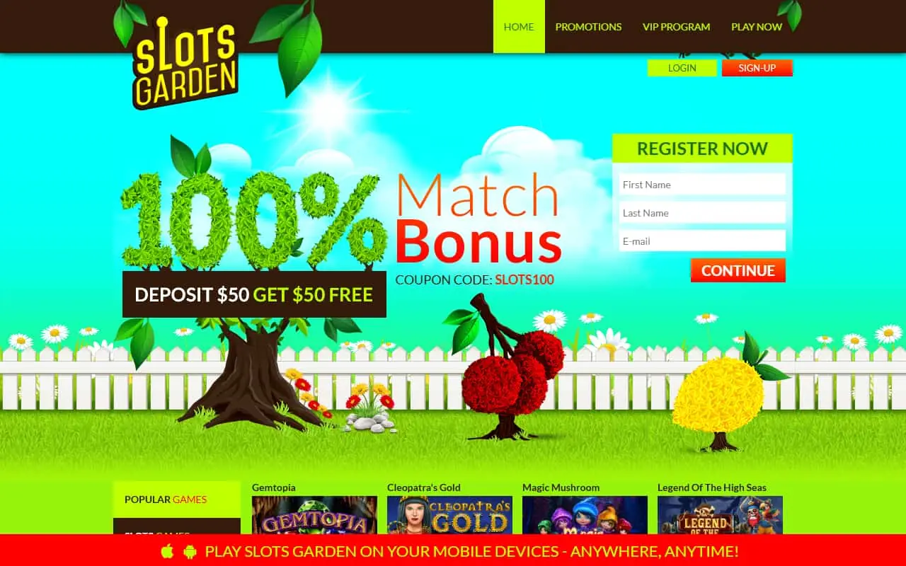 Slots Garden Homepage Slots Garden homepage screenshot