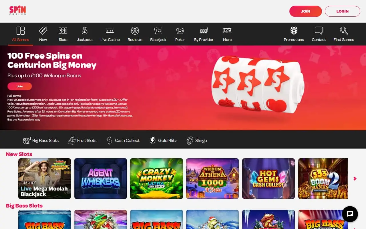Spin Casino homepage Spin Casino homepage screenshot
