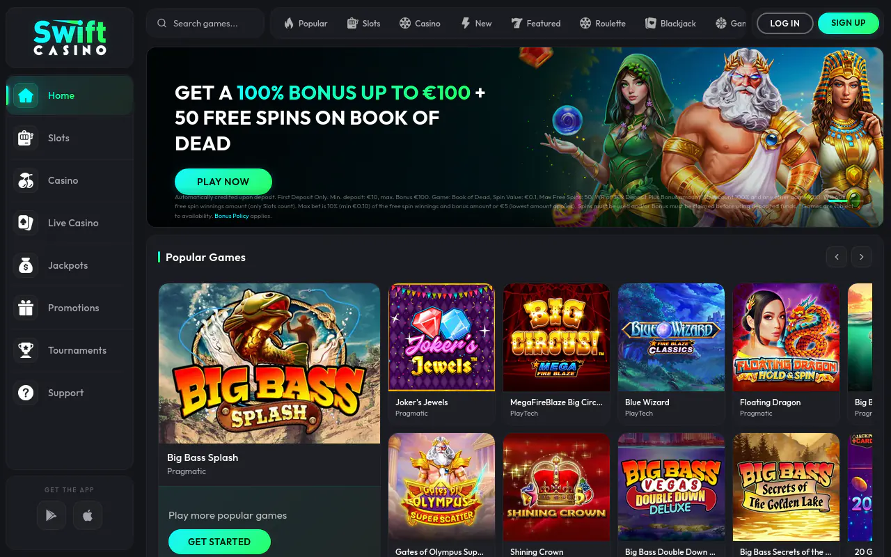 Swift Casino homepage screenshot