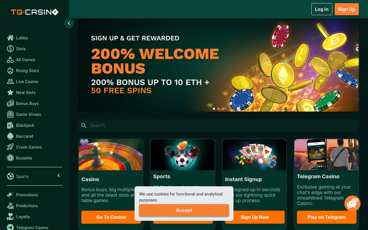 TG Casino homepage screenshot