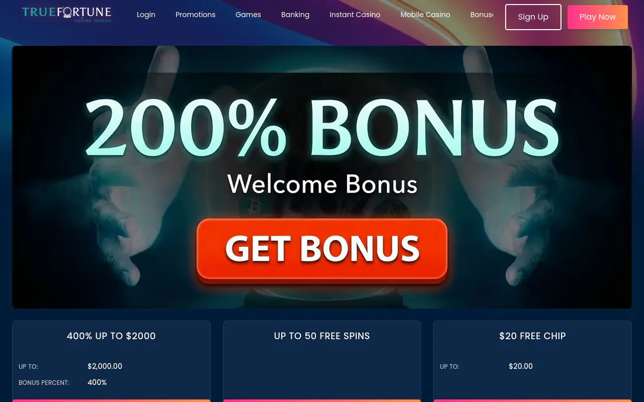 True Fortune Casino homepage screenshot