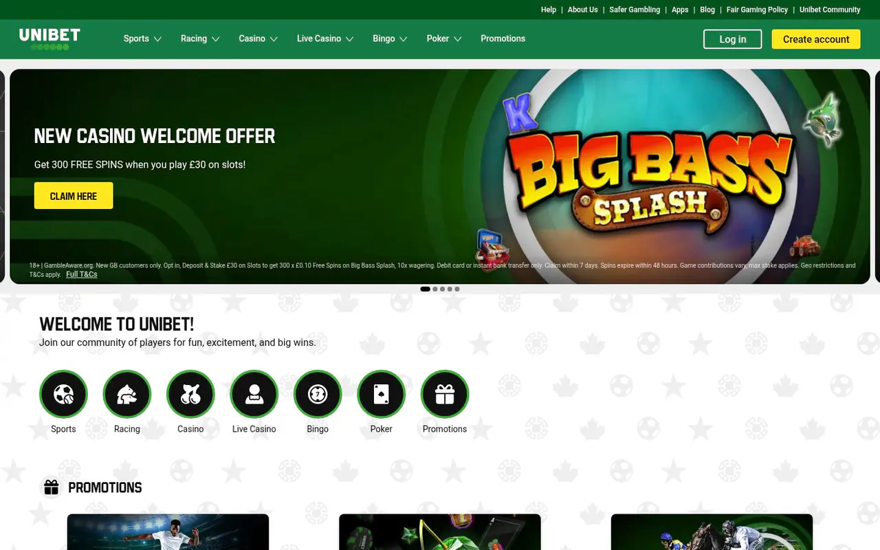 Unibet homepage screenshot