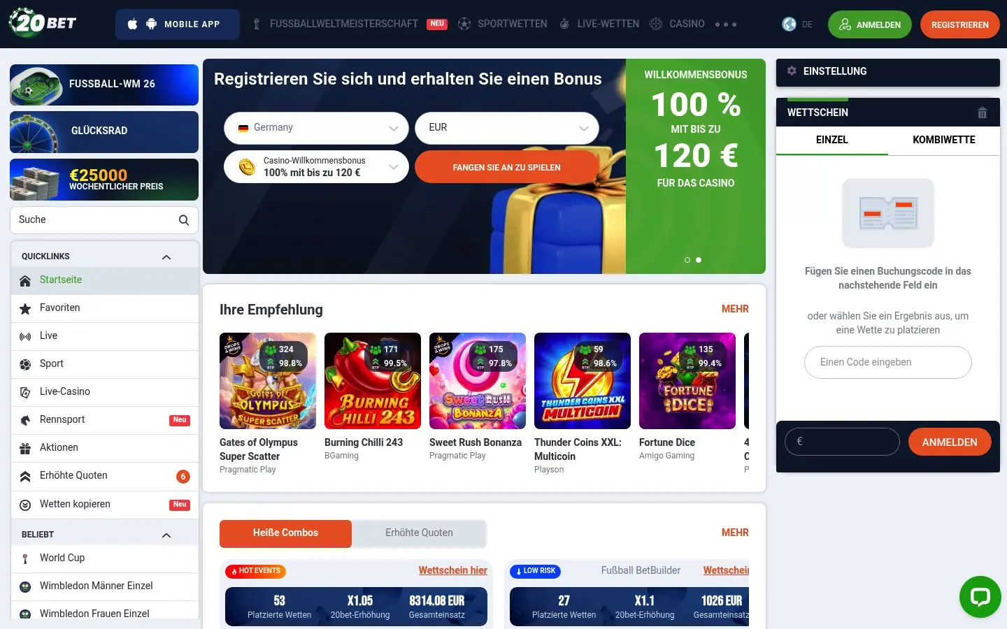 20Bets homepage screenshot